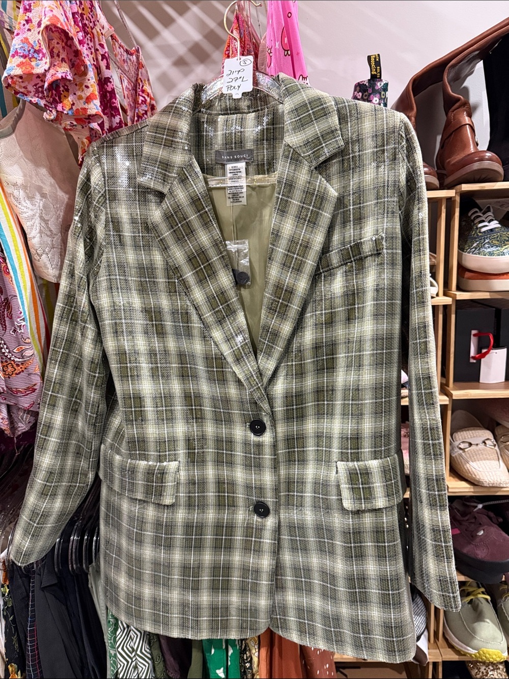 Sans Souci Green Plaid Blazer w/Sequins - Picture 3 of 7
